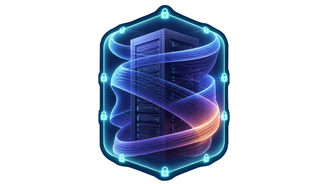 A locked server cabinet wrapped in light ribbons