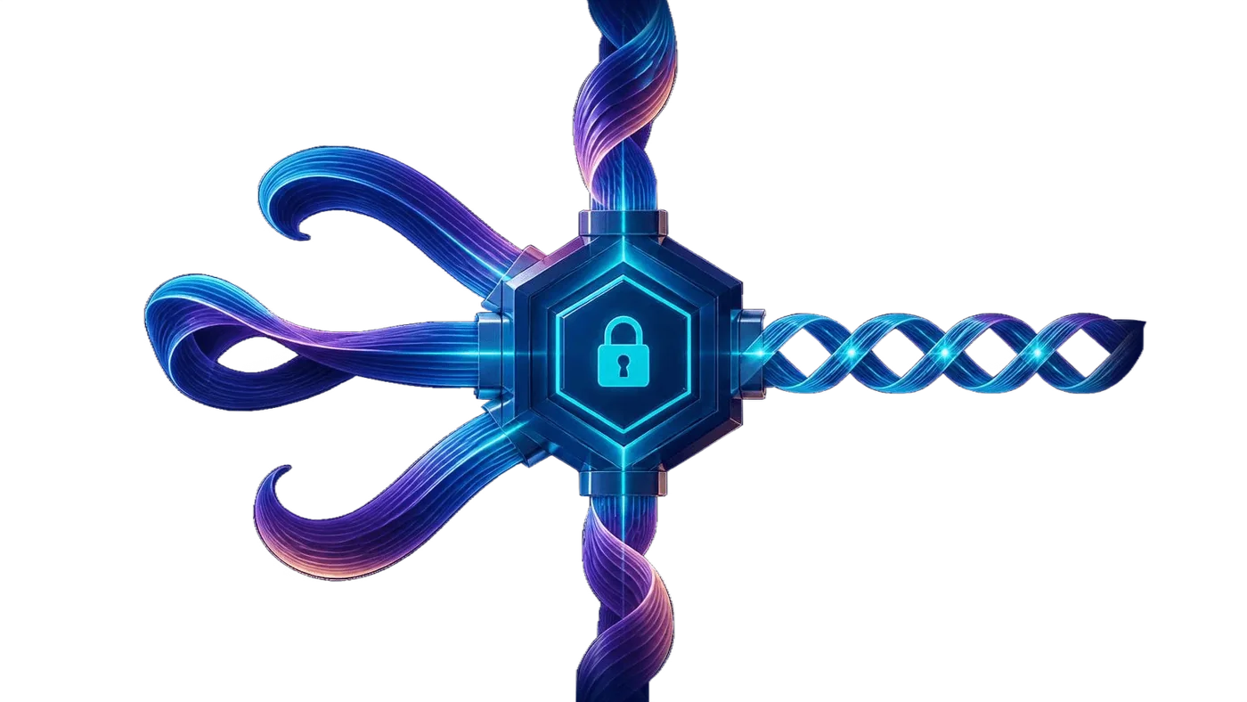 Light ribbons passing through a single locked gate and turning into a chain