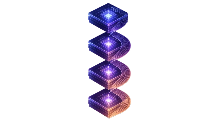 Linked, glowing blocks stacked layer on layer