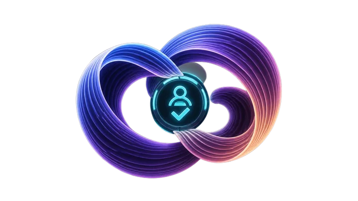 An approval symbol at the centre of interlocking light rings